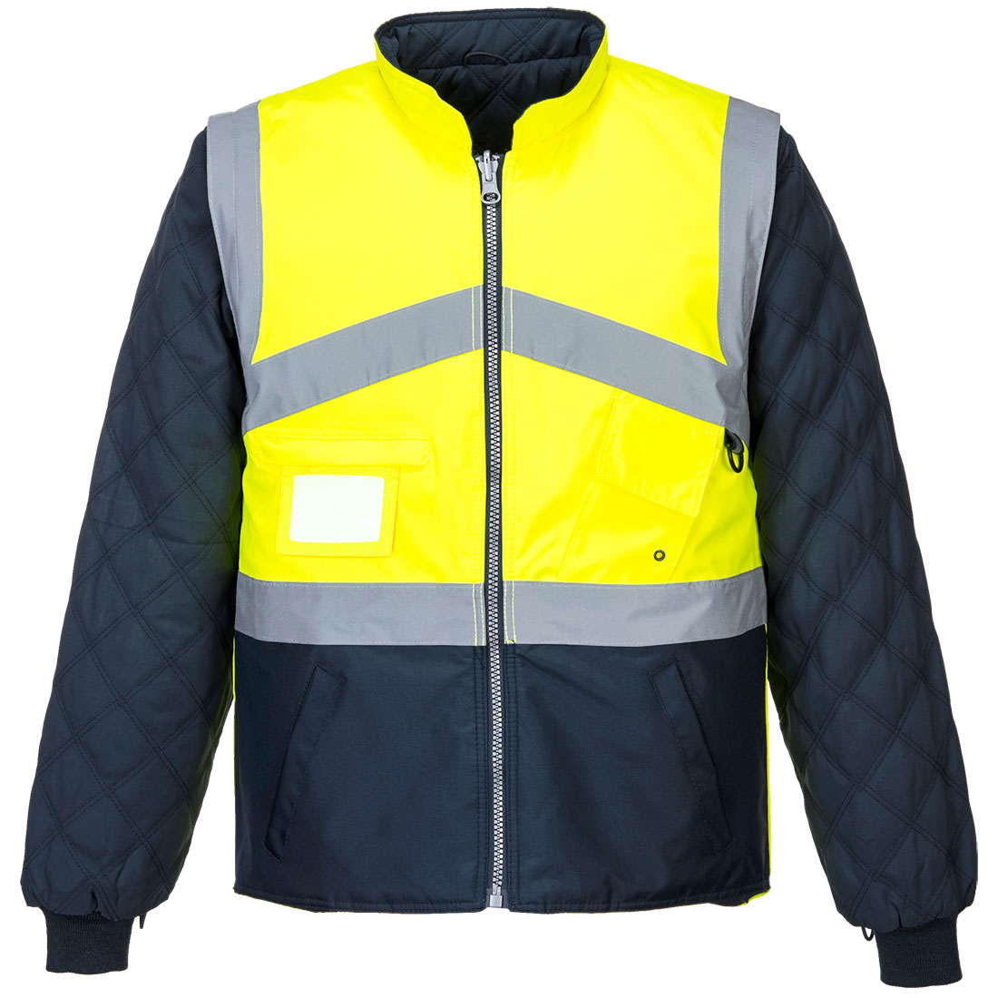 Portwest Hi-Vis Breathable 2-in-1 Contrast Reversible Jacket in Gelb/Marine – Vorderansicht