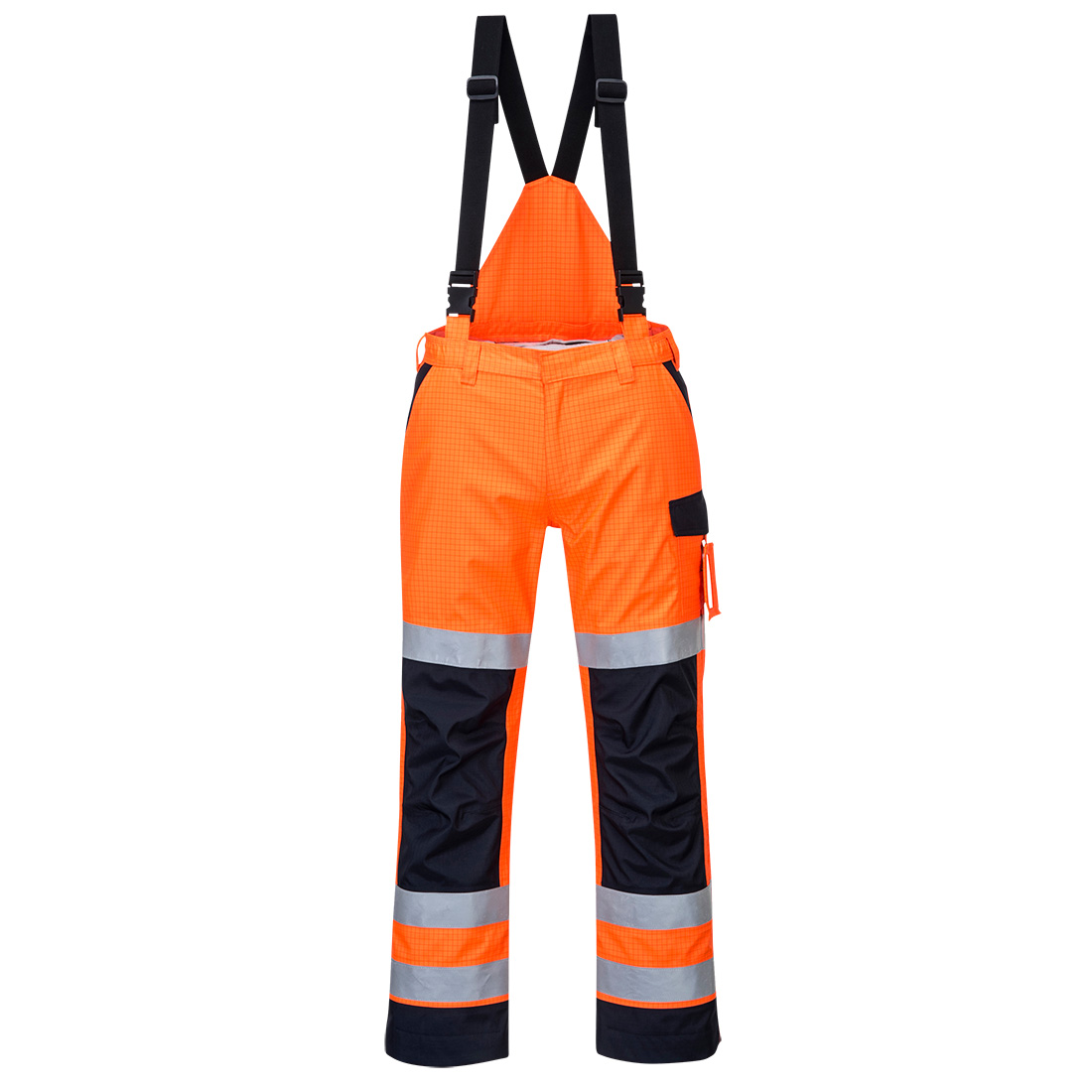 Portwest Modaflame Rain+ Hi-Vis Multi-Norm Contrast FR Trousers in Orange/Marine – Vorderansicht