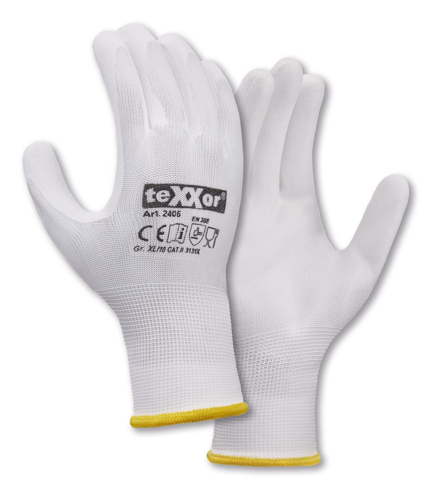 teXXor® Polyester-Strickhandschuhe POLYURETHAN BESCHICHTET in Weiß/Weiß – Detailansicht