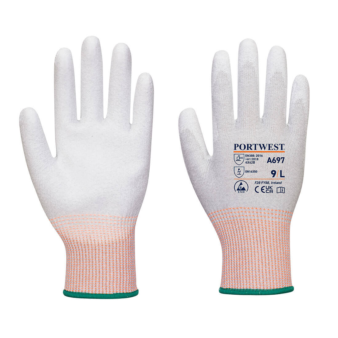 Portwest ESD Cut B13 PU Palm Glove (Pk12) in Grau/Weiß – Vorderansicht