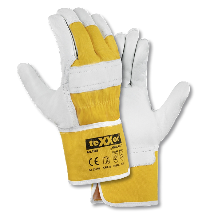 teXXor® Rindvollleder-Winterbauhandschuhe HIMALAYA I in Leder Natur/Drell Gelb – Vorderansicht