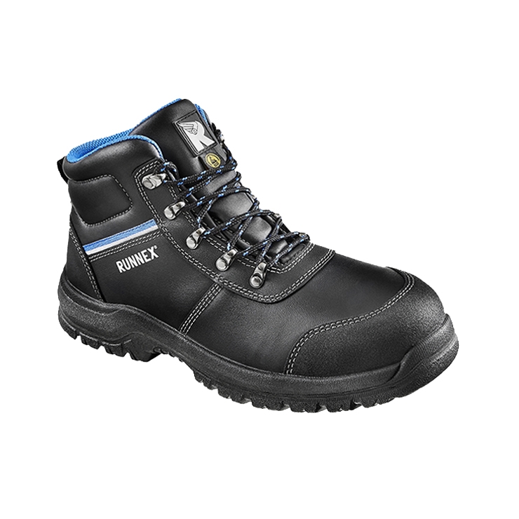 RUNNEX® S3S ESD-Sicherheitsschnürstiefel TeamStar in Schwarz/Blau – Vorderansicht