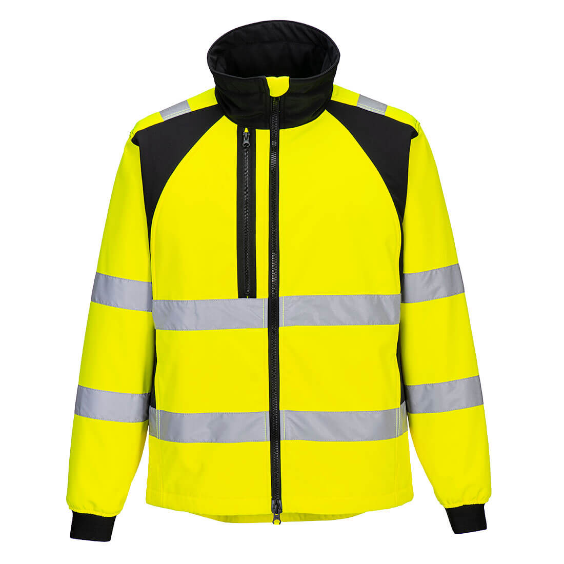 Portwest WX2 Eco Hi-Vis Softshell (2L) in Gelb/Schwarz – Vorderansicht