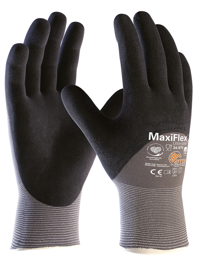 ATG® MaxiFlex® Ultimate™ Nylon-Strickhandschuhe (34-875) in Grau/Schwarz – Vorderansicht