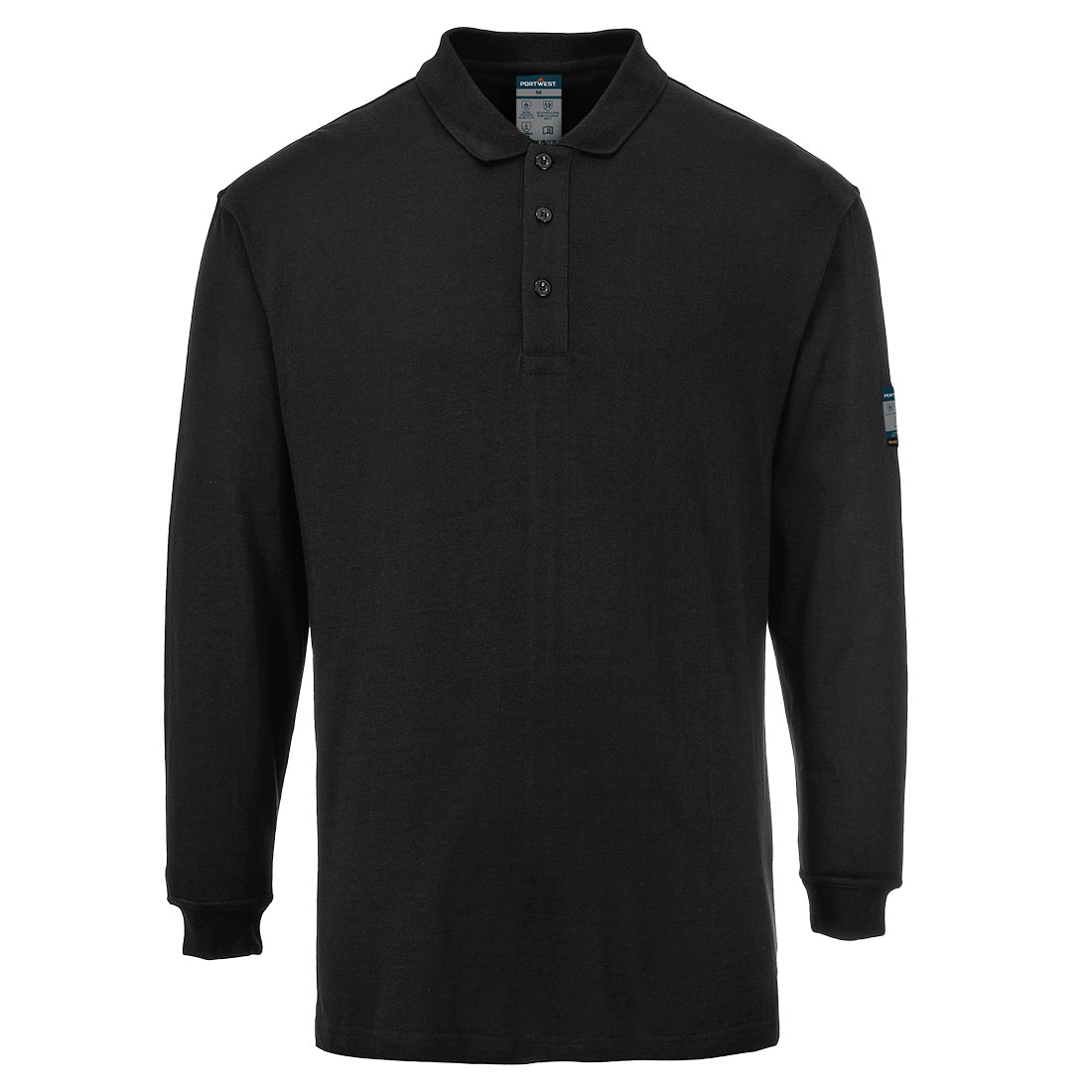 Portwest Modaflame Knit FR Long Sleeve Polo Shirt in Schwarz – Vorderansicht