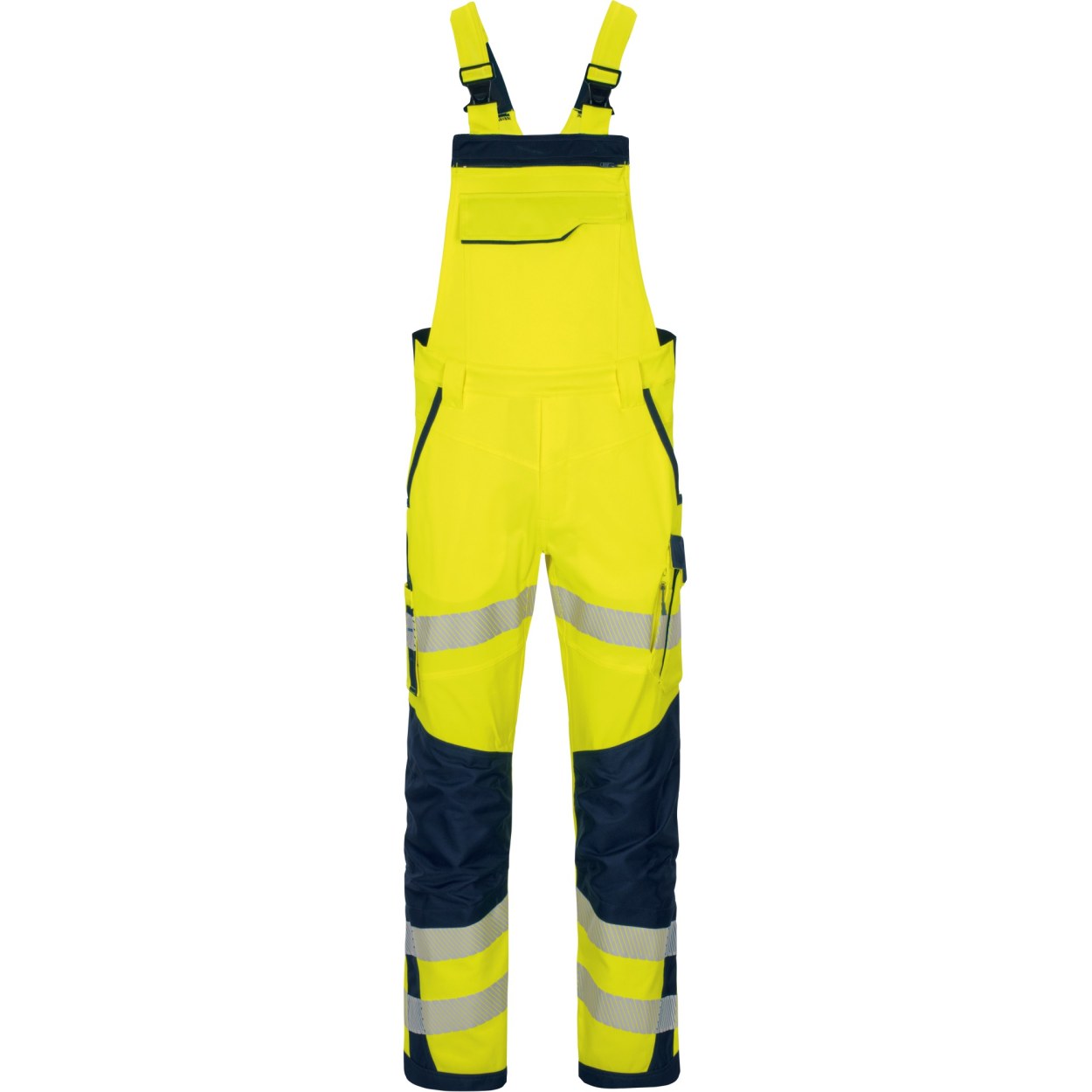 Vizwell Warnschutz-Latzhose Flex HiVis VWT191 in Leuchtgelb-Marine – Vorderansicht