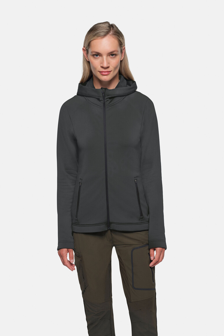 HAKRO 273 Damen Kapuzen-Tecjacke ECO in Karbongrau – Modellansicht