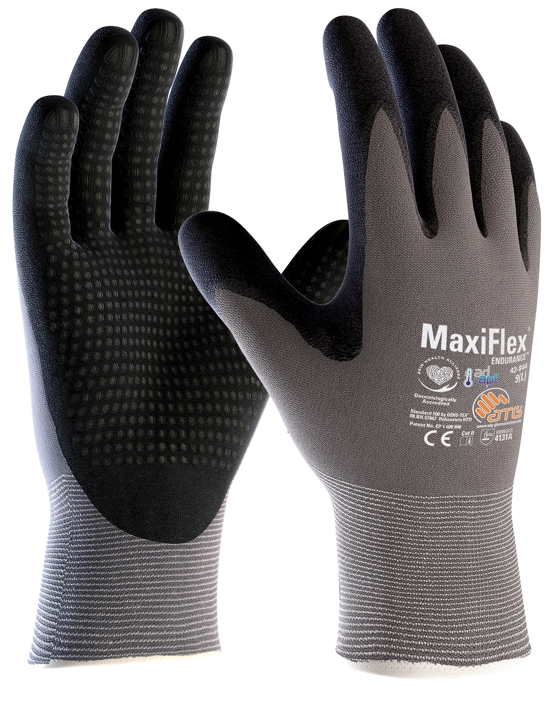 ATG® MaxiFlex® Endurance™ AD-APT® Nylon-Strickhandschuhe (42-844) in Grau/Schwarz – Vorderansicht