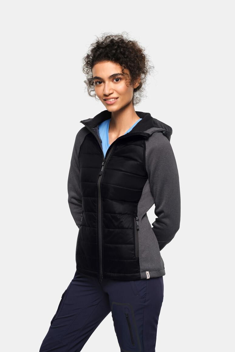 HAKRO 265 Damen Kapuzen-Hybridjacke Contrast in Schwarz – Modellansicht