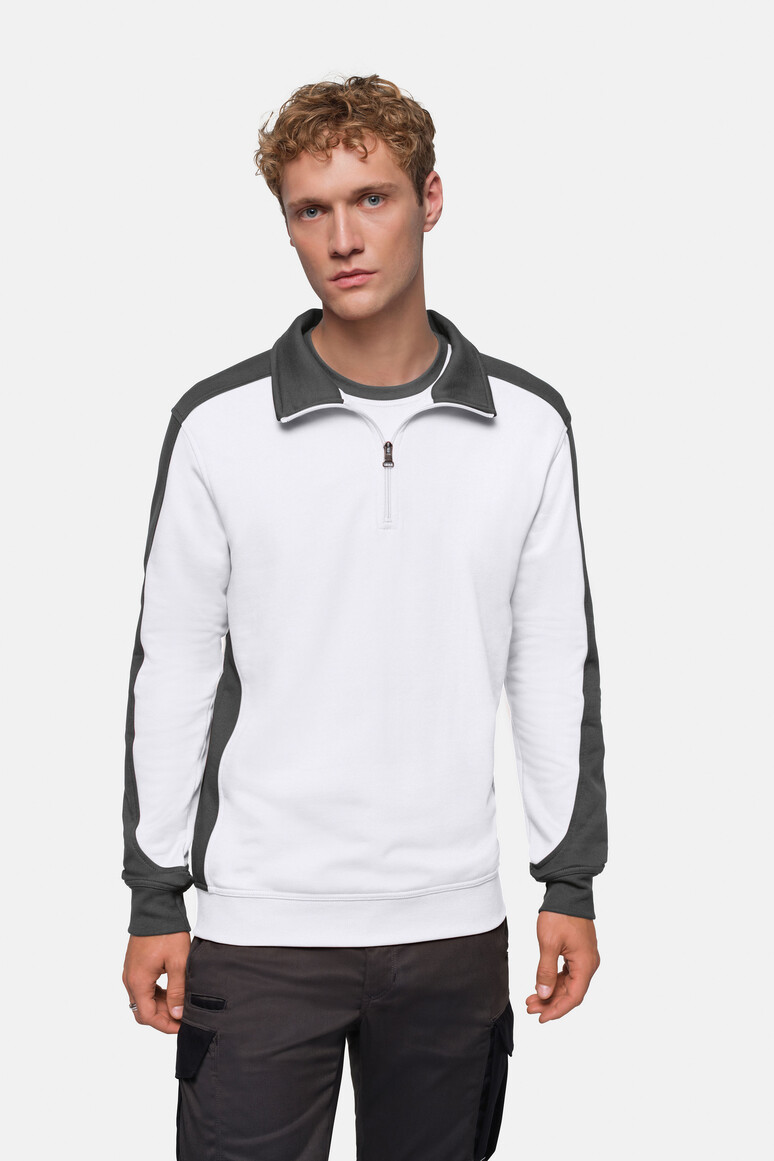 HAKRO 476 Zip-Sweatshirt Contrast MIKRALINAR® in Weiß/Anthrazit – Modellansicht
