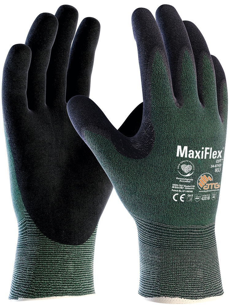 ATG® MaxiFlex® Cut™ Schnittschutz-Strickhandschuhe (34-8743V), Automatenverpackung in Grün/Schwarz – Vorderansicht