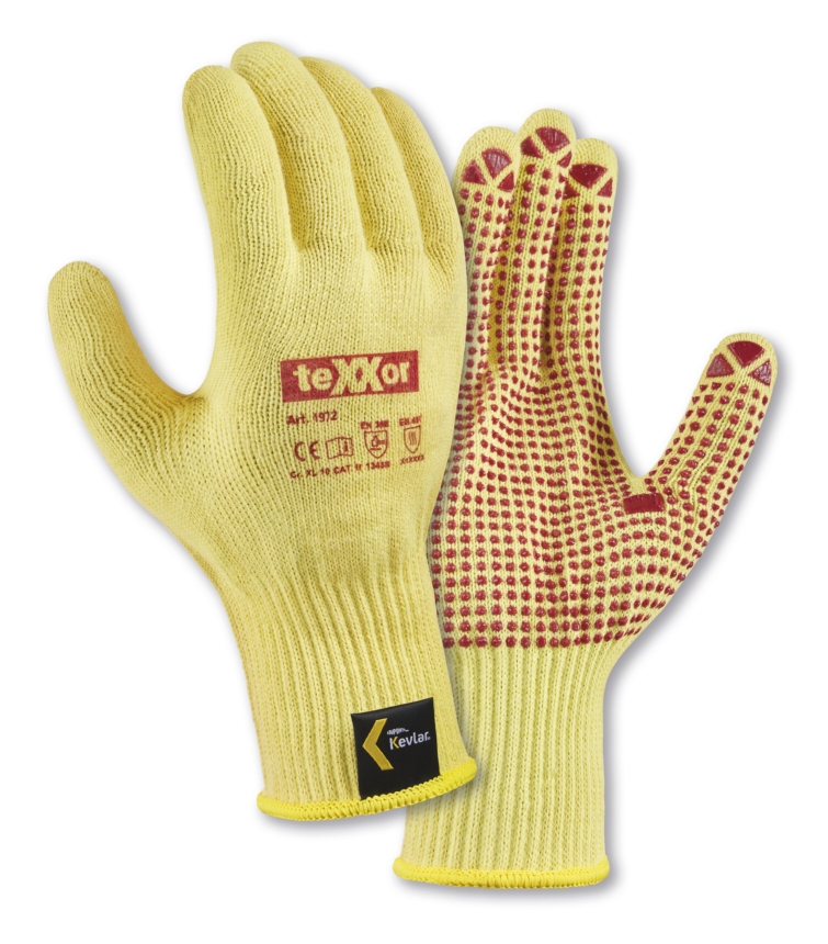 teXXor® Mittelstrick-Handschuhe ARAMID mit Noppen in Goldgelb/Rote Noppen – Detailansicht