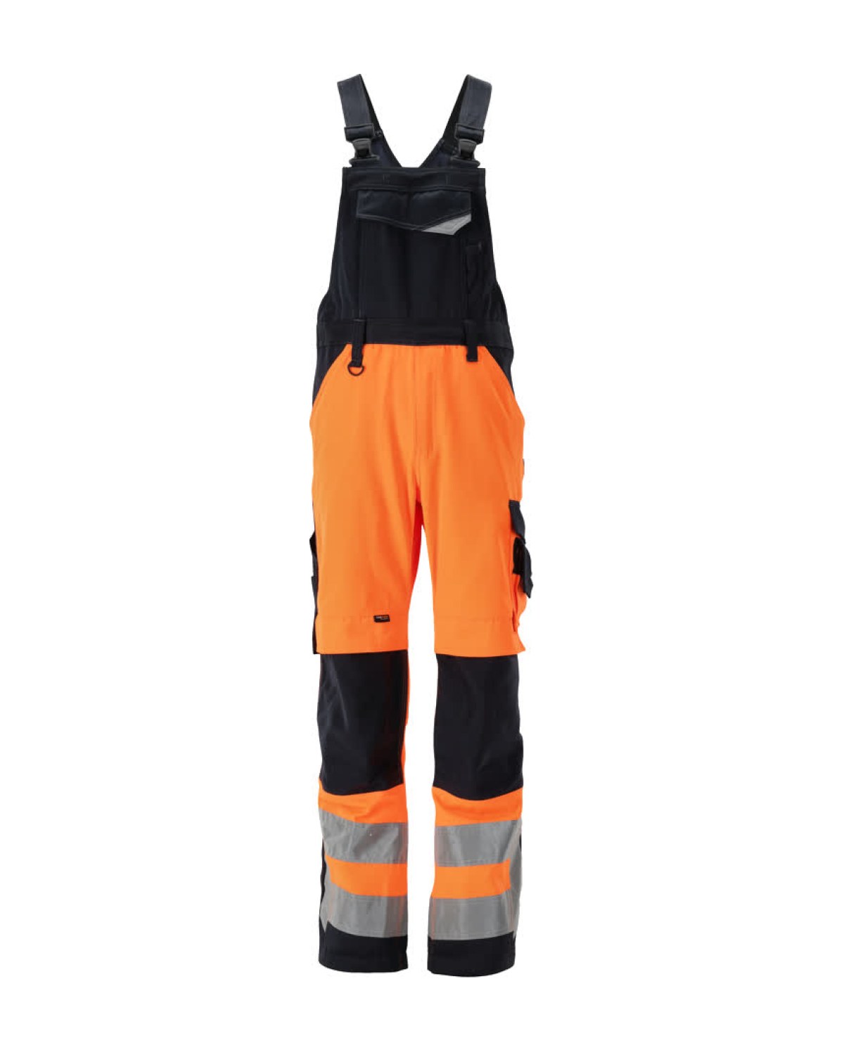 MASCOT Newcastle Latzhose mit Knietaschen in Hi-Vis Orange/Schwarzblau – Vorderansicht
