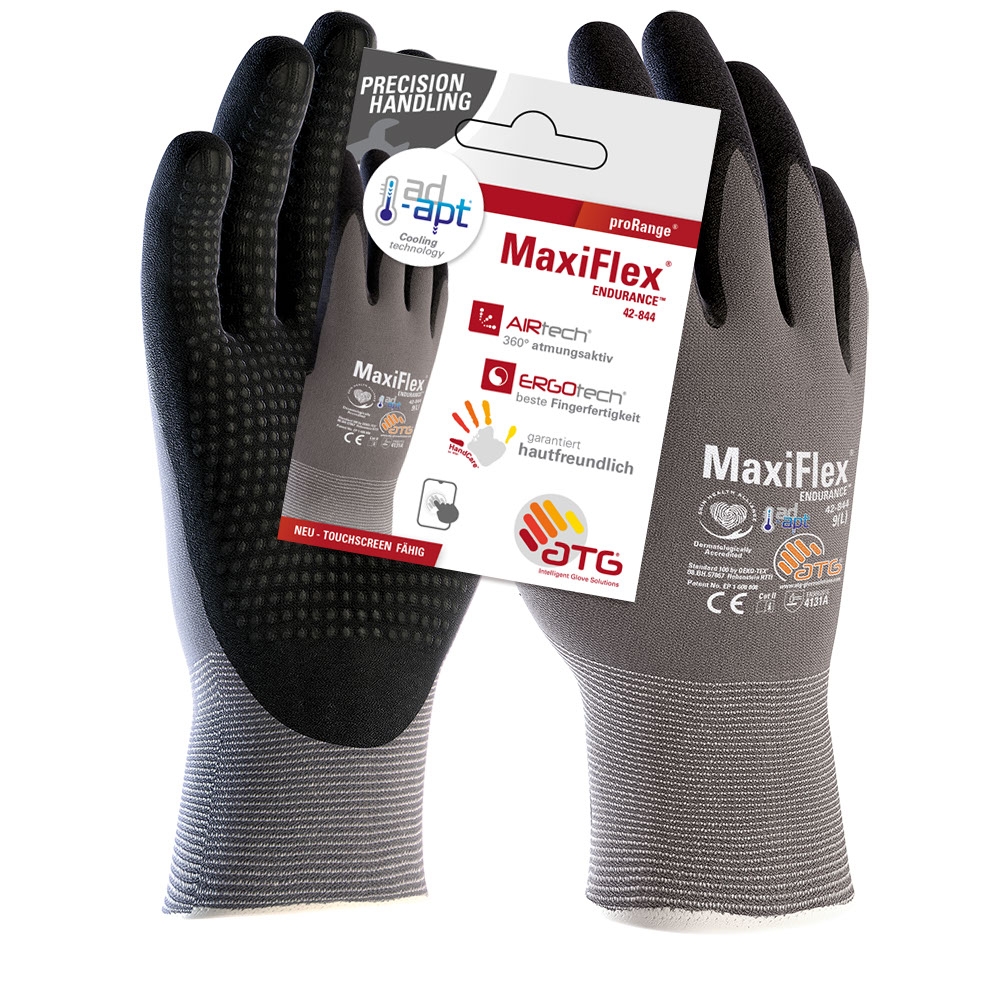 ATG® MaxiFlex® Endurance™ AD-APT® Nylon-Strickhandschuhe (42-844 HCT), SB-Verpackung in Grau/Schwarz – Vorderansicht