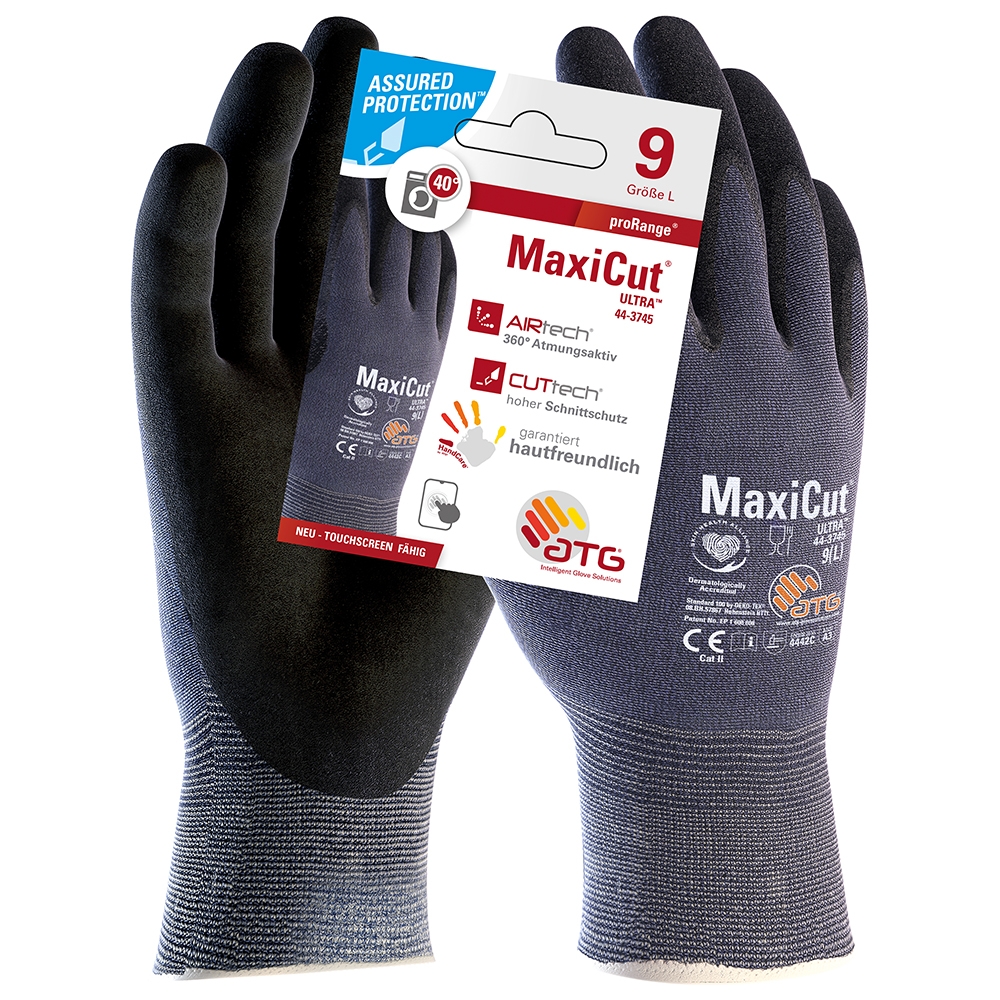 ATG® MaxiCut® Ultra™ Nylon-Strickhandschuhe (44-3745 HCT), SB-Verpackung in Blau/Schwarz – Vorderansicht