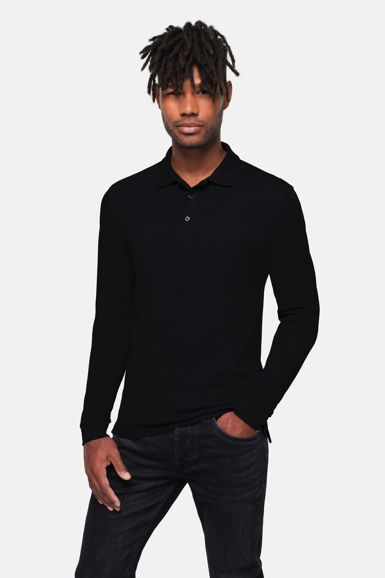 HAKRO 817 Pocket-Longsleeve-Polo MIKRALINAR® ECO in Schwarz – Modellansicht