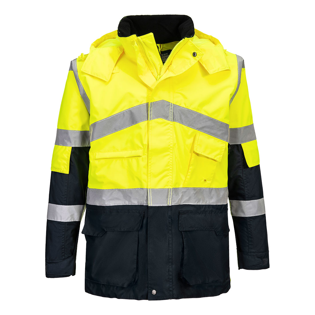 Portwest Hi-Vis Breathable Contrast Rain Jacket in Gelb/Marine – Vorderansicht