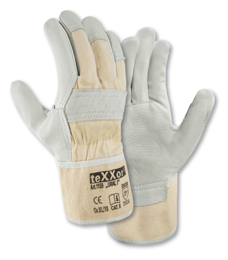 teXXor® Rindvollleder-Handschuhe URAL I in Leder Natur/Drell Weiß – Detailansicht