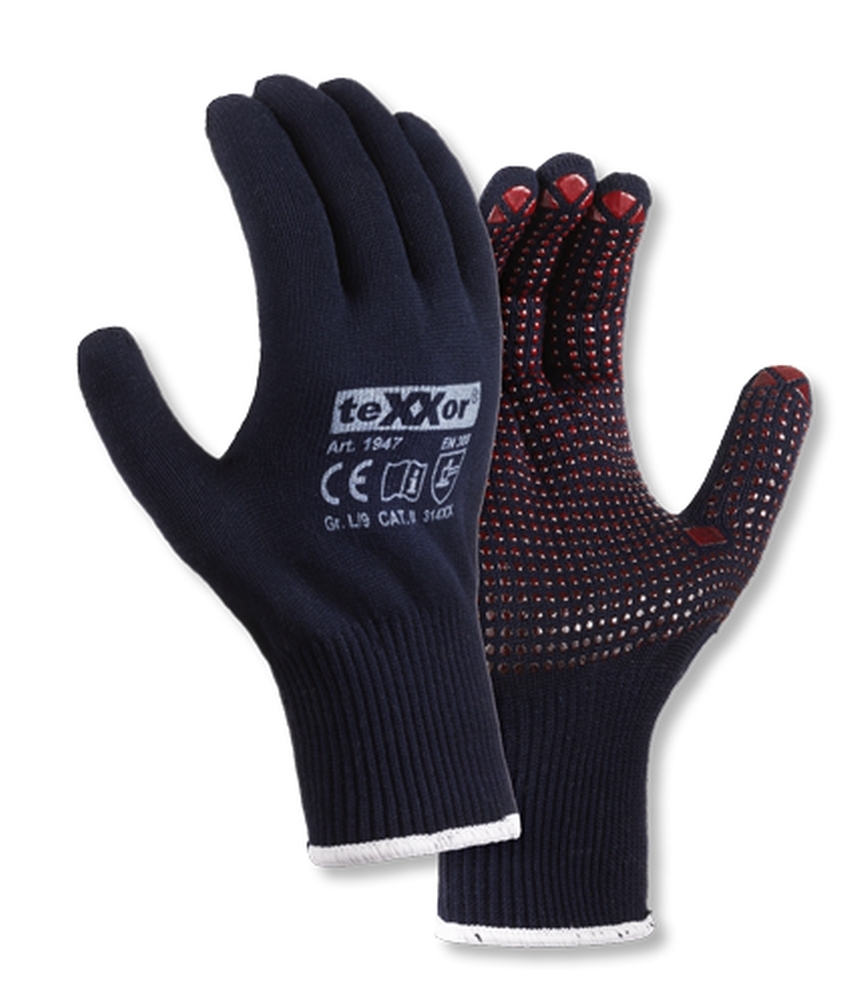 teXXor® Feinstrick-Handschuhe BAUMWOLLE/NYLON in Blau/Rote Noppen – Vorderansicht