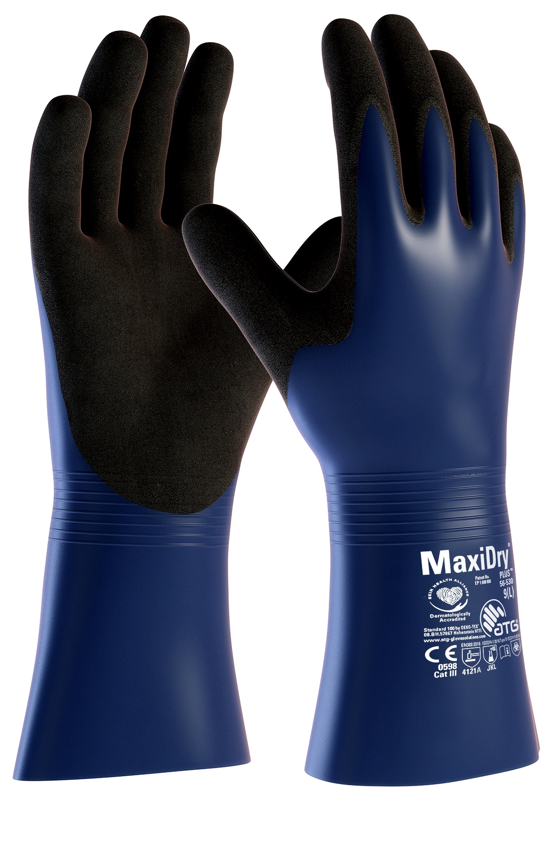 ATG® MaxiDry® Plus™ Chemikalienschutz-Handschuhe (56-530) in Blau/Schwarz – Vorderansicht