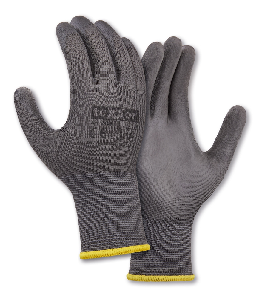 teXXor® Polyester-Strickhandschuhe POLYURETHAN BESCHICHTET in Grau/Grau – Detailansicht