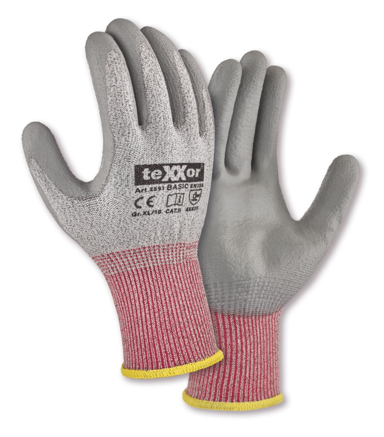 teXXor® PU-Schnittschutz-Strickhandschuhe CUT F - Basic in Grau-Meliert – Vorderansicht