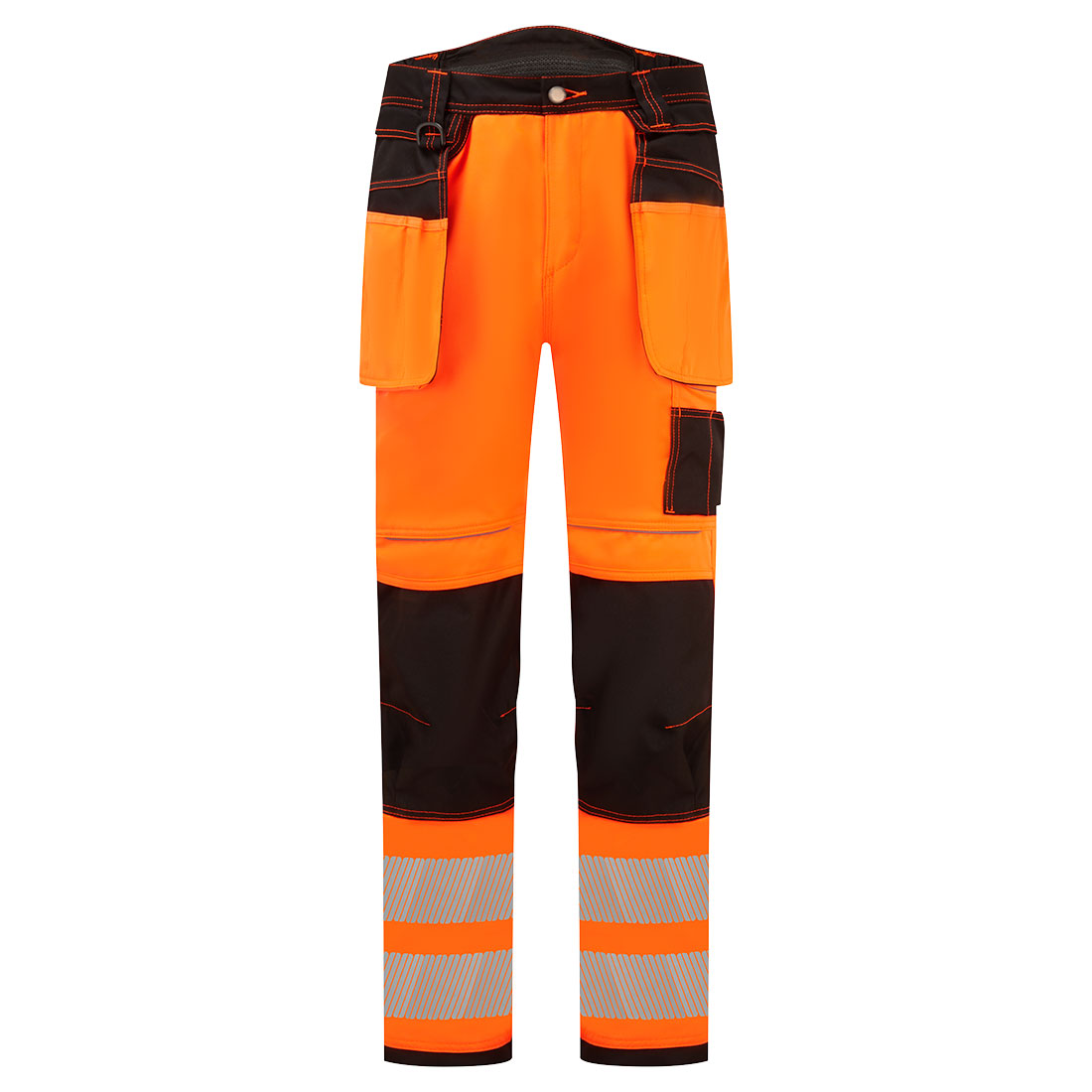 Portwest PW3 Hi-Vis Stretch Holster Pocket Trousers in Orange/Schwarz – Vorderansicht