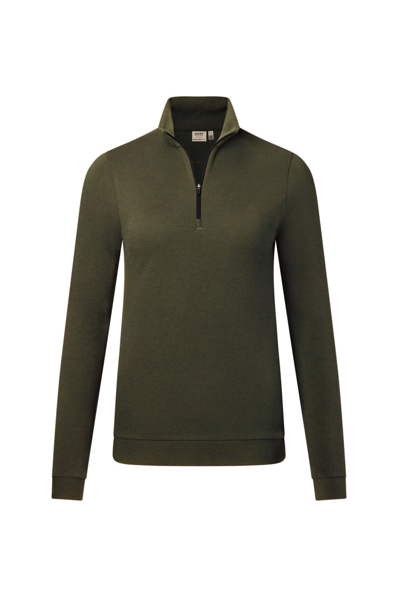 HAKRO 335 Damen Zip-Longsleeve Piqué MIKRALINAR® ECO in Olive – Vorderansicht