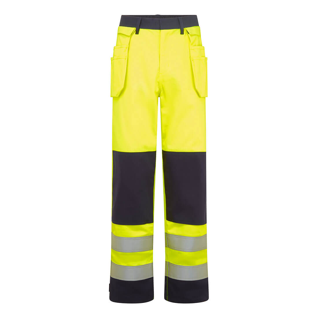 Portwest Bizflame Work Hi-Vis Contrast FR Holster Trousers in Gelb/Marine – Vorderansicht