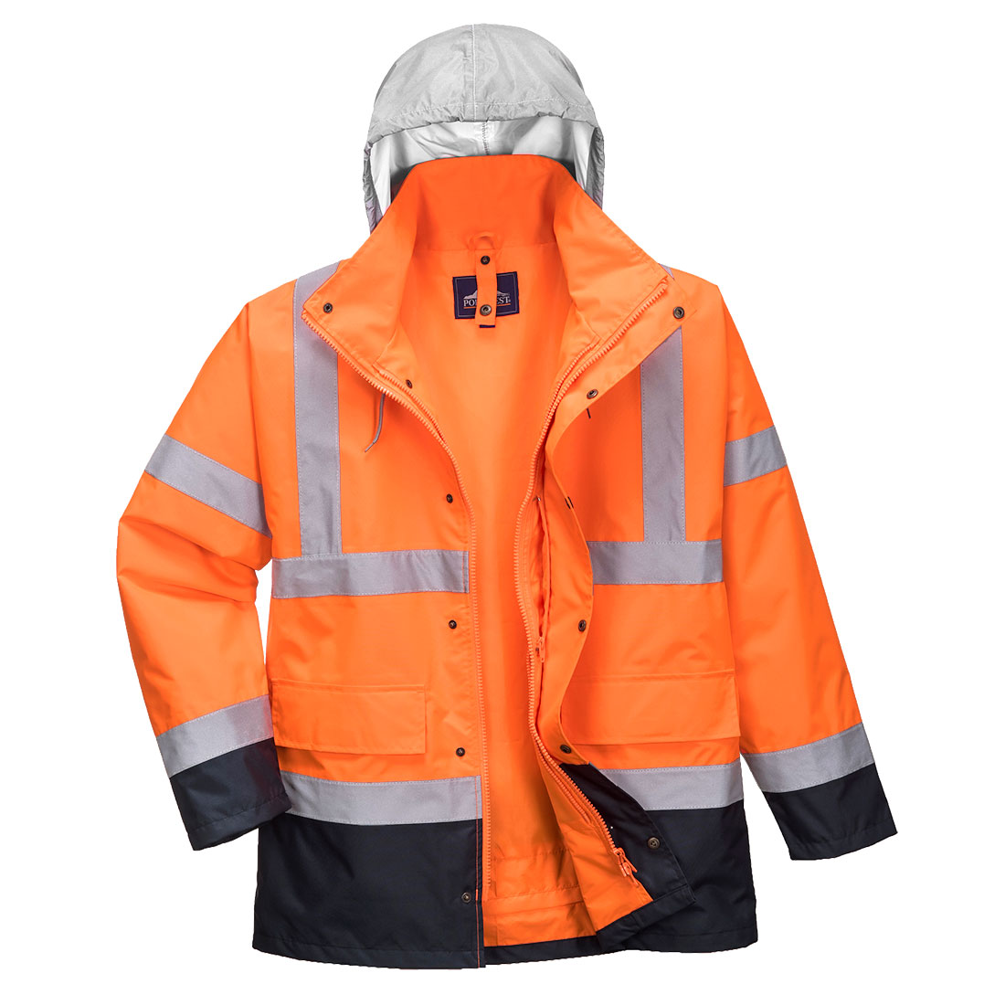 Portwest Hi-Vis 4-in-1 Contrast Traffic Jacket in Orange/Marine – Vorderansicht