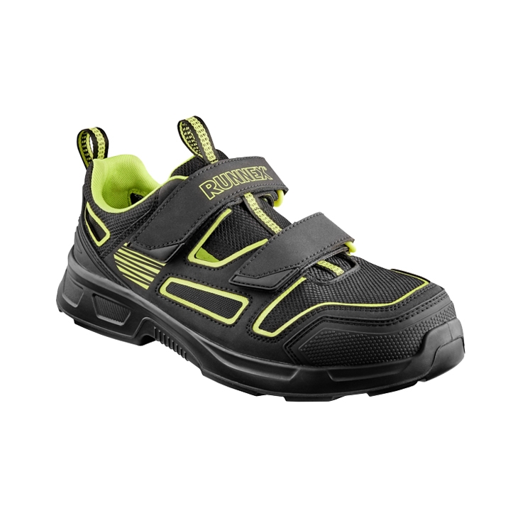 RUNNEX® S1PS ESD-Sicherheitsklettsandalen ActionStar in Schwarz/Grün – Vorderansicht