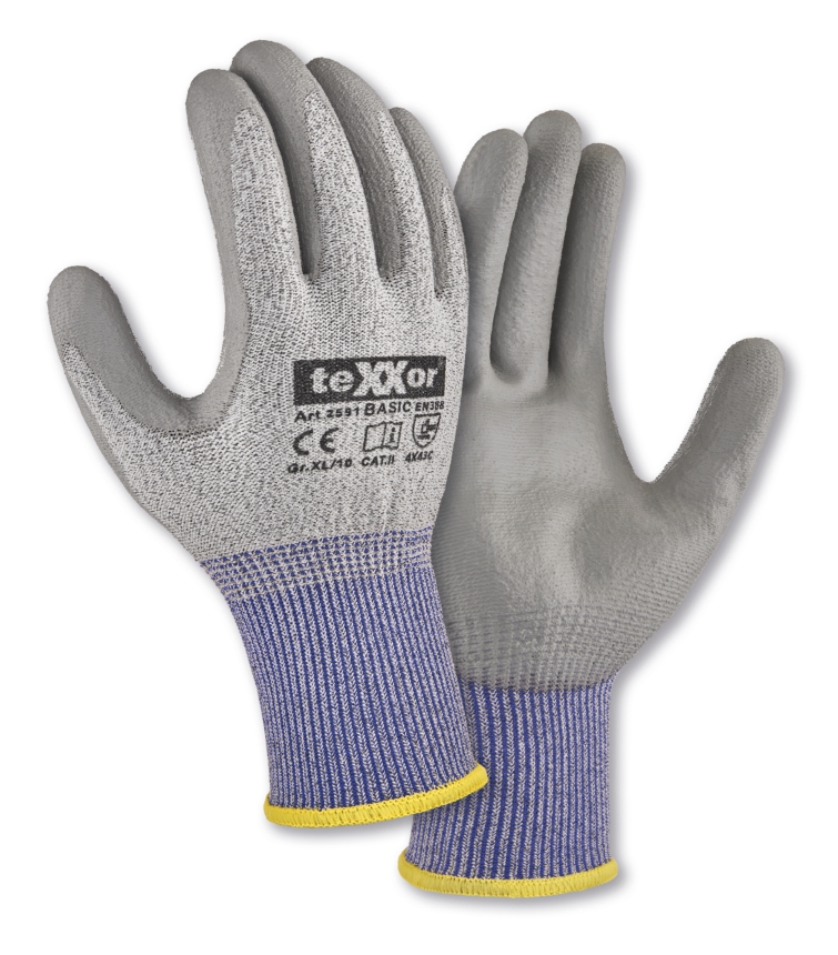 teXXor® PU-Schnittschutz-Strickhandschuhe CUT C - Basic in Grau-Meliert – Vorderansicht