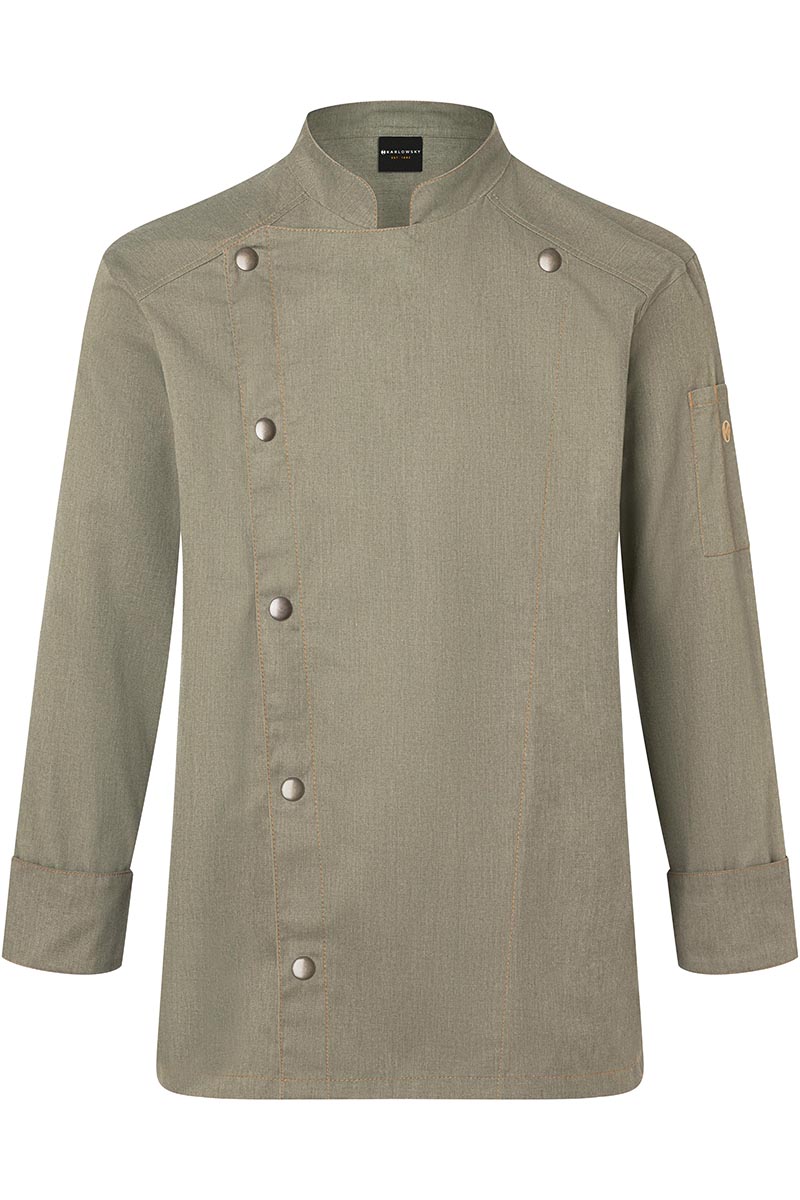Karlowsky Kochjacke Jeans-Style in Vintage Moss Green – Vorderansicht