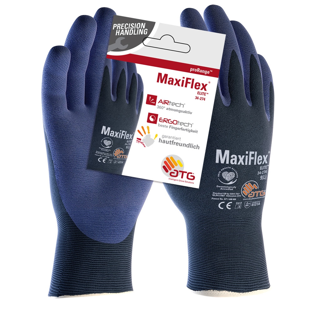 ATG® MaxiFlex® Elite™ Nylon-Strickhandschuhe (34-274 HCT), SB-Verpackung in Blau/Blau – Vorderansicht