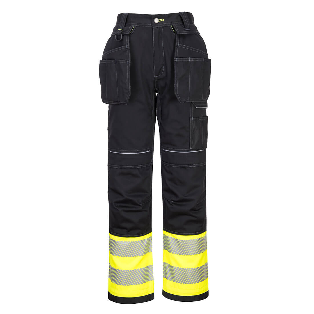 Portwest PW3 Hi-Vis Class 1 Holster Pocket Trousers in Gelb/Schwarz – Vorderansicht