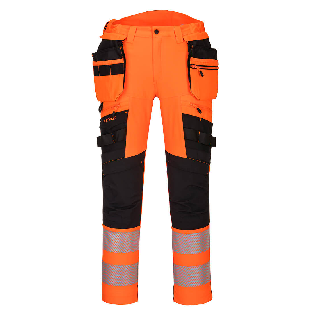 Portwest DX4 Hi-Vis Detachable Holster Pocket Trousers in Orange/Schwarz – Vorderansicht