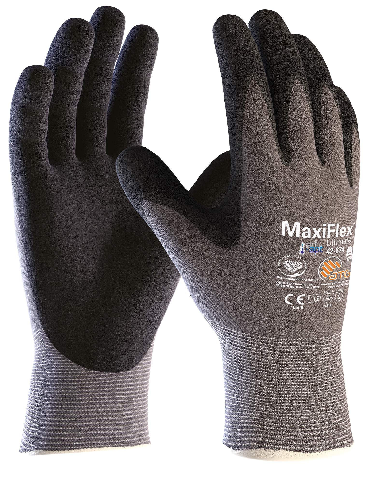 ATG® MaxiFlex® Ultimate™ AD-APT® Nylon-Strickhandschuhe (42-874) in Grau/Schwarz – Vorderansicht