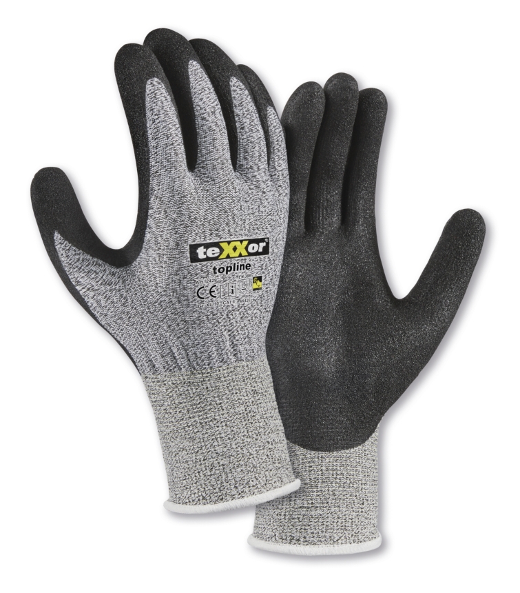 teXXor® topline Schnittschutz-Handschuhe NITRIL E in Grau Meliert / Schwarz – Vorderansicht