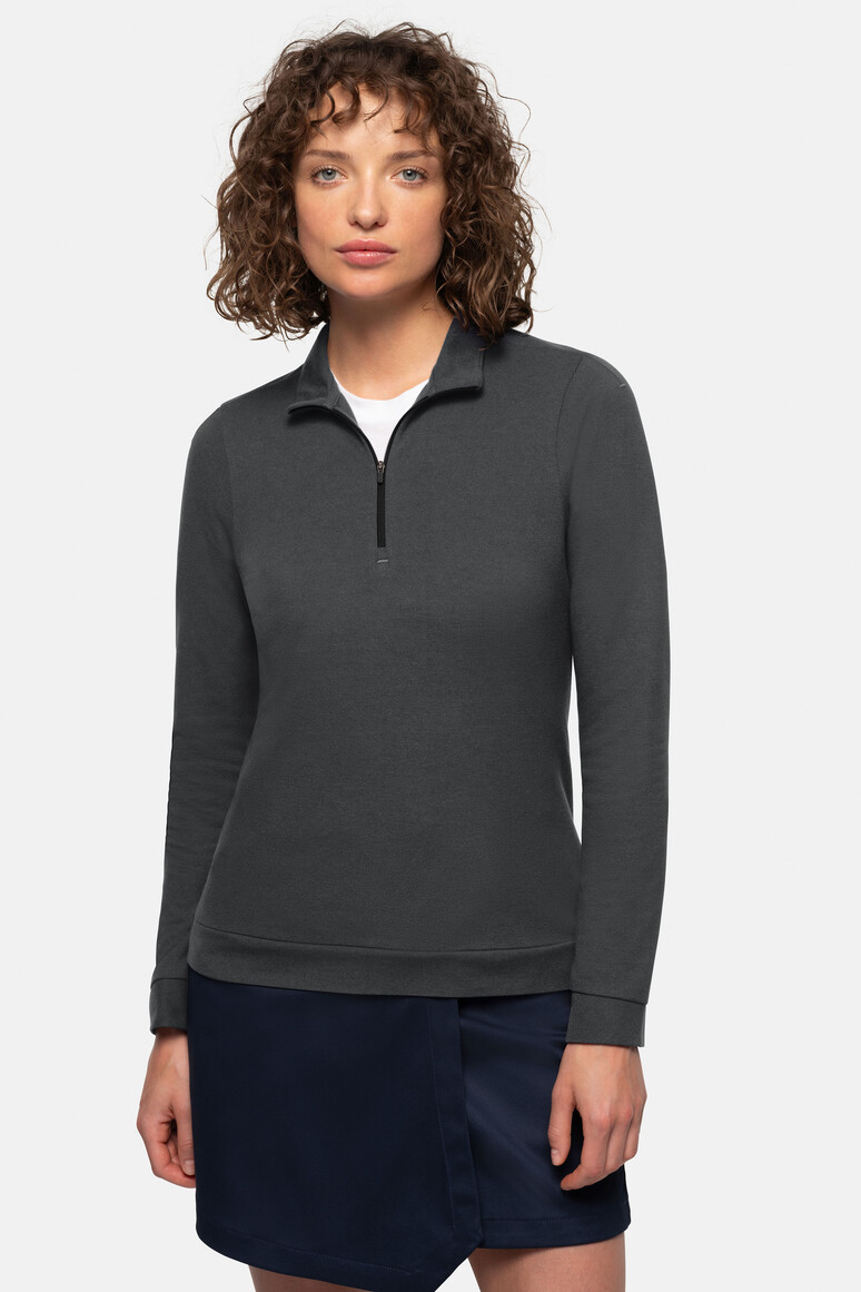 HAKRO 335 Damen Zip-Longsleeve Piqué MIKRALINAR® ECO in Karbongrau – Modellansicht