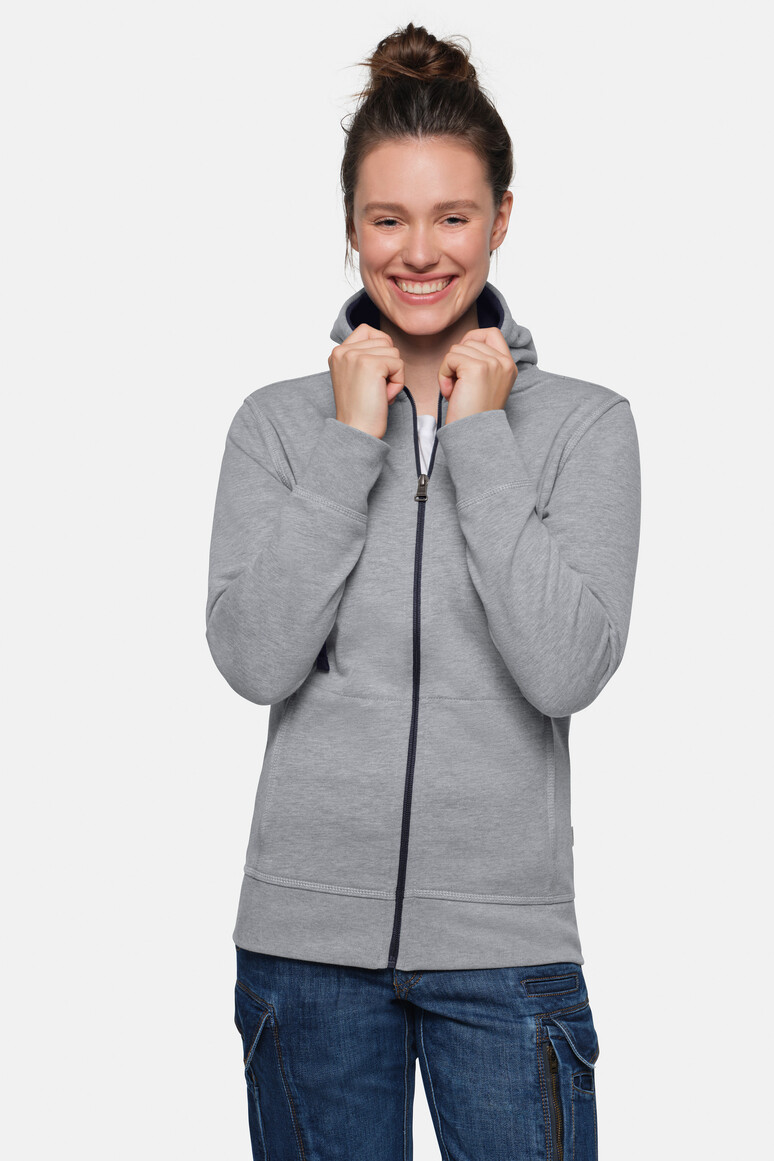 HAKRO 255 Damen Kapuzenjacke Bonded ECO in Grau Meliert/Tinte – Modellansicht