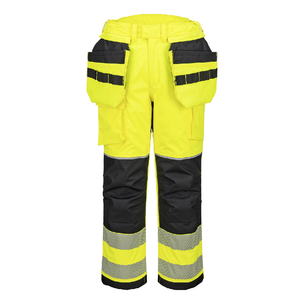 Portwest PW3 Modaflame Rain+ Hi-Vis FR Winter Holster Trousers in Gelb/Schwarz – Vorderansicht