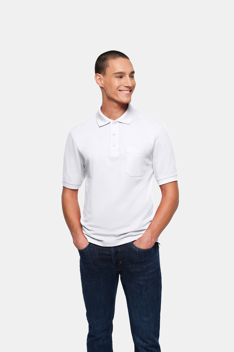 HAKRO 802 Pocket-Poloshirt Top in Weiß – Modellansicht
