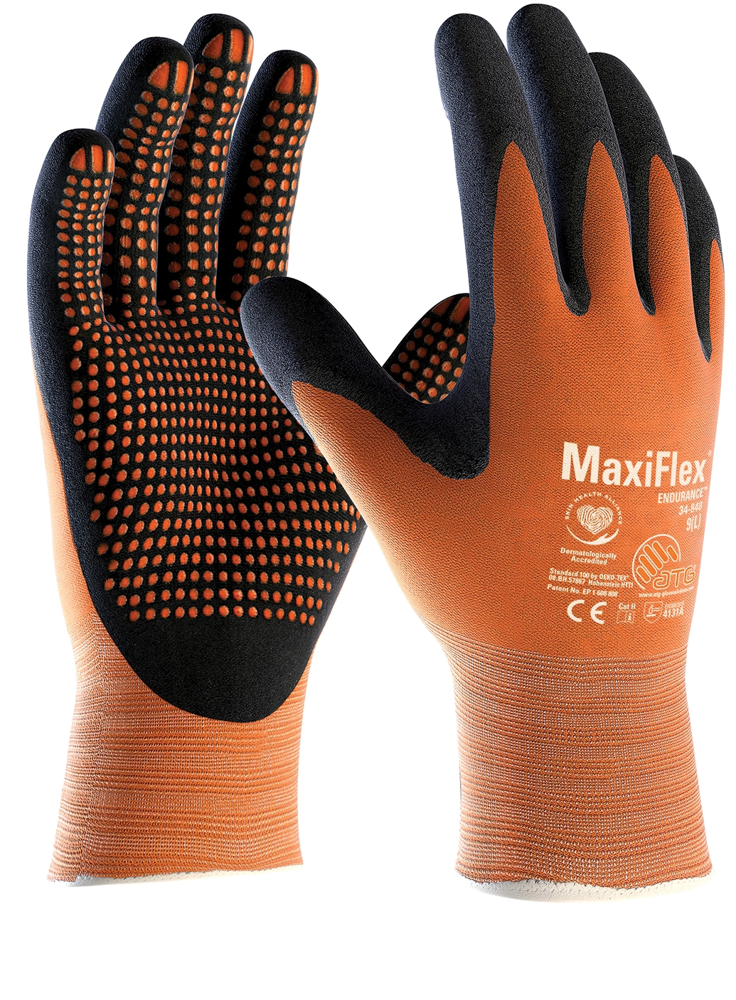 ATG® MaxiFlex® Endurance™ Nylon-Strickhandschuhe orange (34-848) in Orange/Schwarz – Vorderansicht
