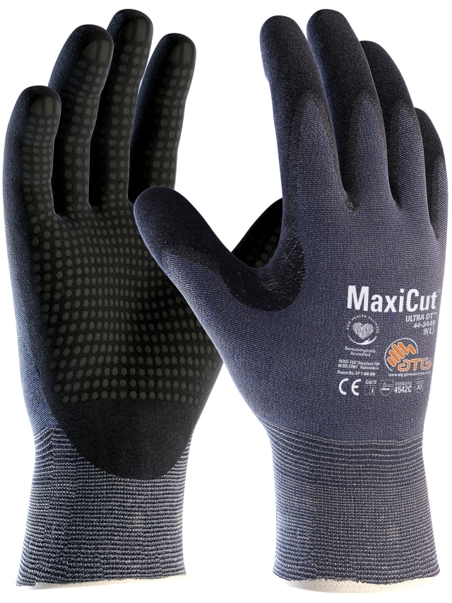 ATG® MaxiCut® Ultra DT™ Schnittschutz-Strickhandschuhe (44-3445) in Blau/Schwarz – Vorderansicht