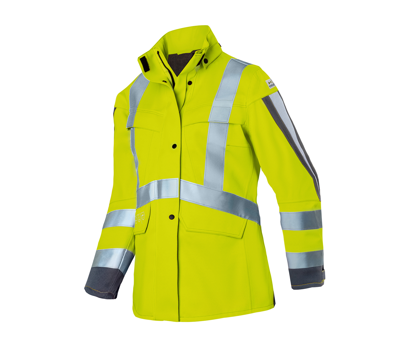 KÜBLER PROTECTIQ HIGH VIS Wetterjacke Damen ARC2 PSA 3 in Warngelb/Anthrazit – Vorderansicht
