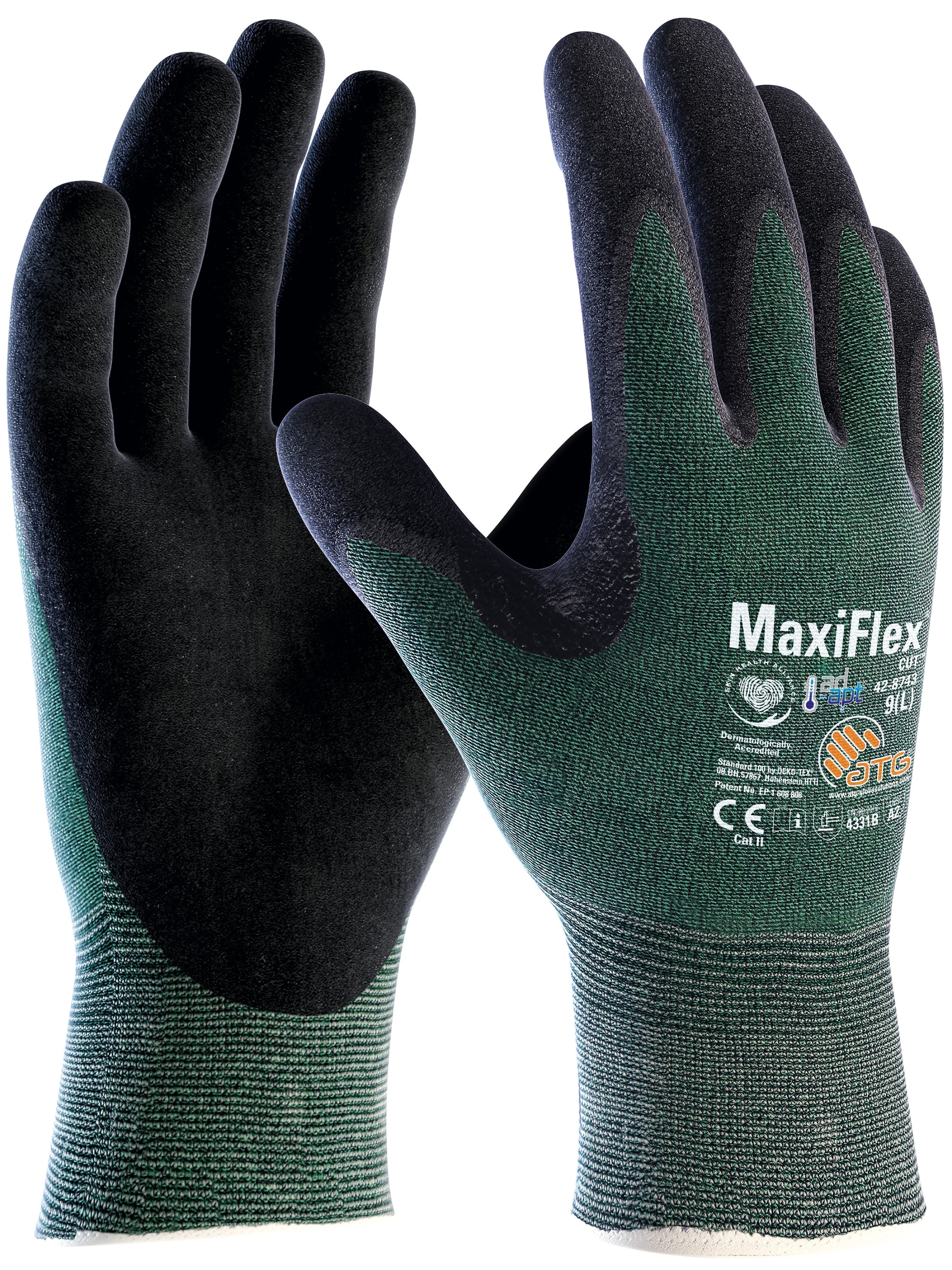 ATG® MaxiFlex® Cut™AD-APT® Schnittschutz-Strickhandschuhe (42-8743) in Grün/Schwarz – Vorderansicht