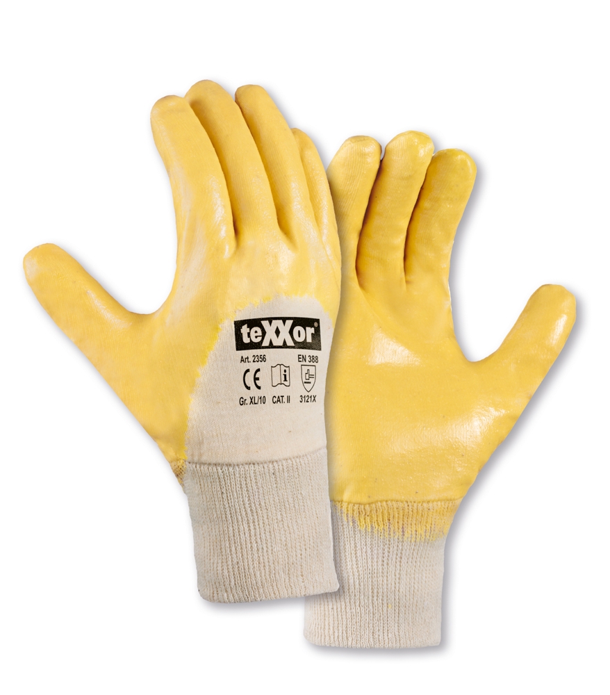 teXXor® Nitril-Handschuhe STRICKBUND in Gelb/Beige – Detailansicht
