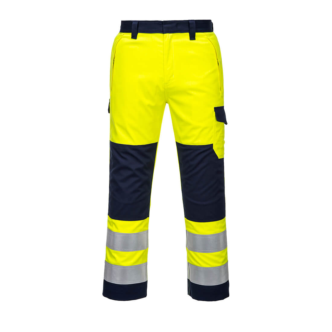 Portwest Modaflame Work Hi-Vis Multi-Norm Contrast FR Trousers in Gelb/Marine – Vorderansicht