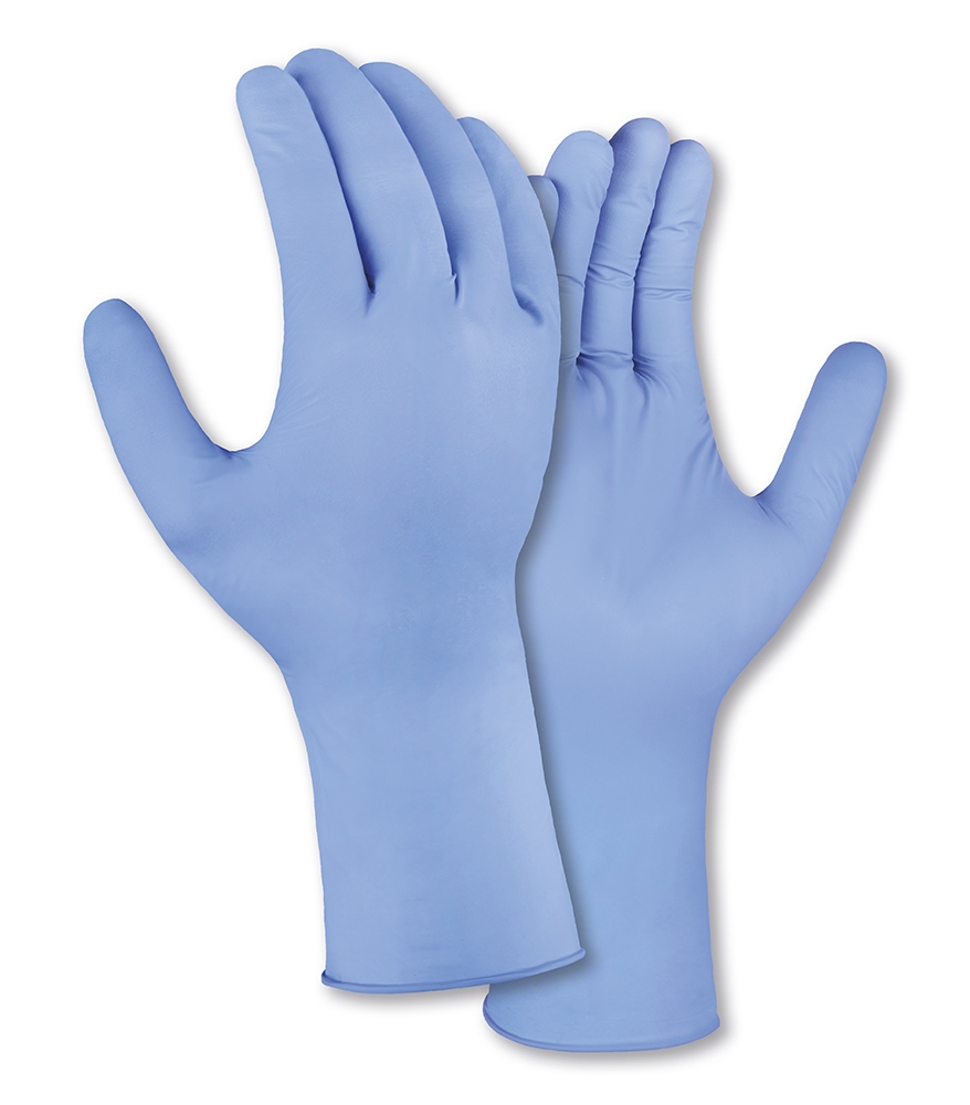 teXXor® Nitril-Einweg-Handschuhe lange Stulpe in Blau – Vorderansicht