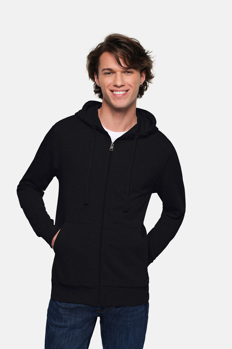 HAKRO 605 Kapuzen-Sweatjacke Premium in Schwarz – Modellansicht